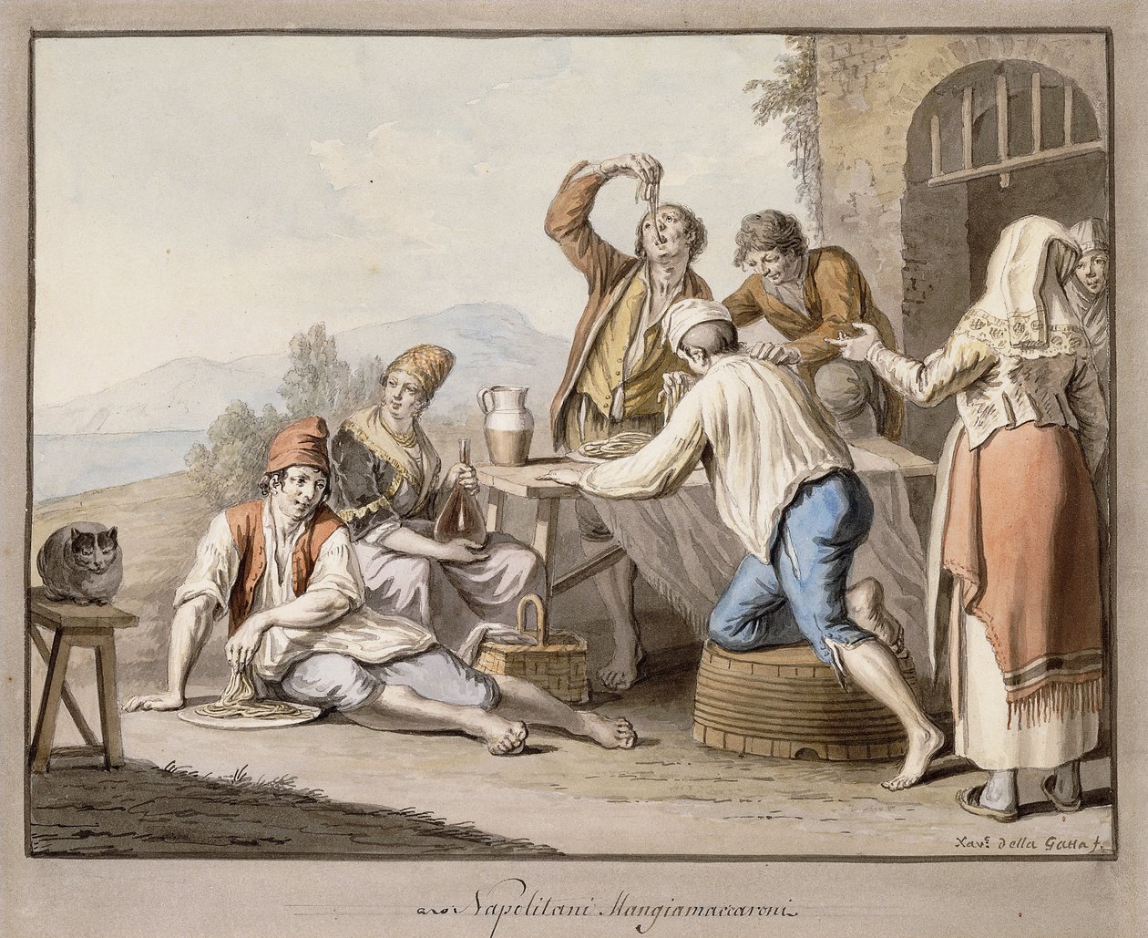 Makarónit evő neopoliták; Napolitani Egyél makarónit, alkotó: Saviero Xavier della Gatta