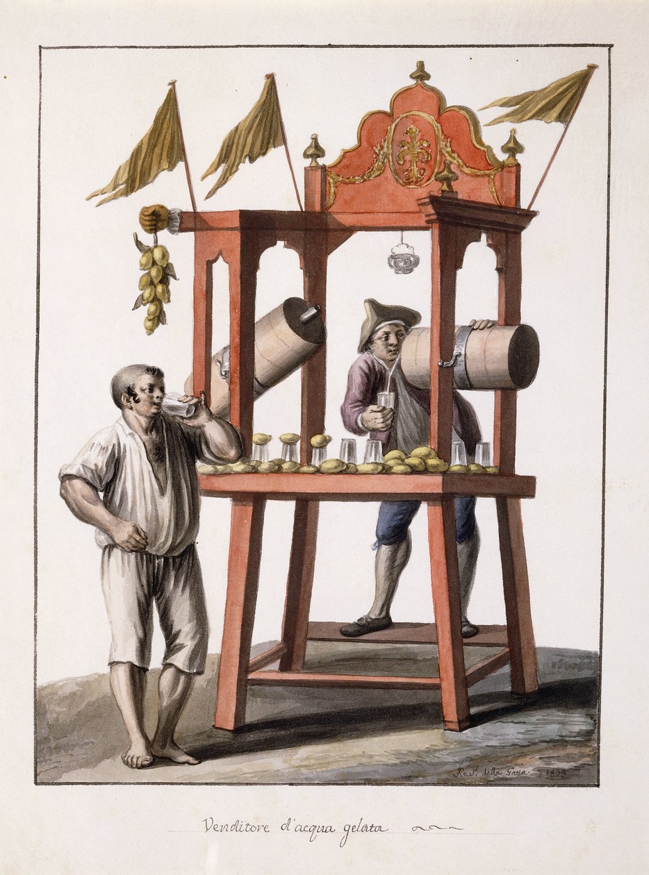 Jeges víz eladója; és Neopolitan Costume of the Wagon; Fagyasztott víz eladó; és a nápolyi szekér jelmeze alkotó: Saviero Xavier della Gatta