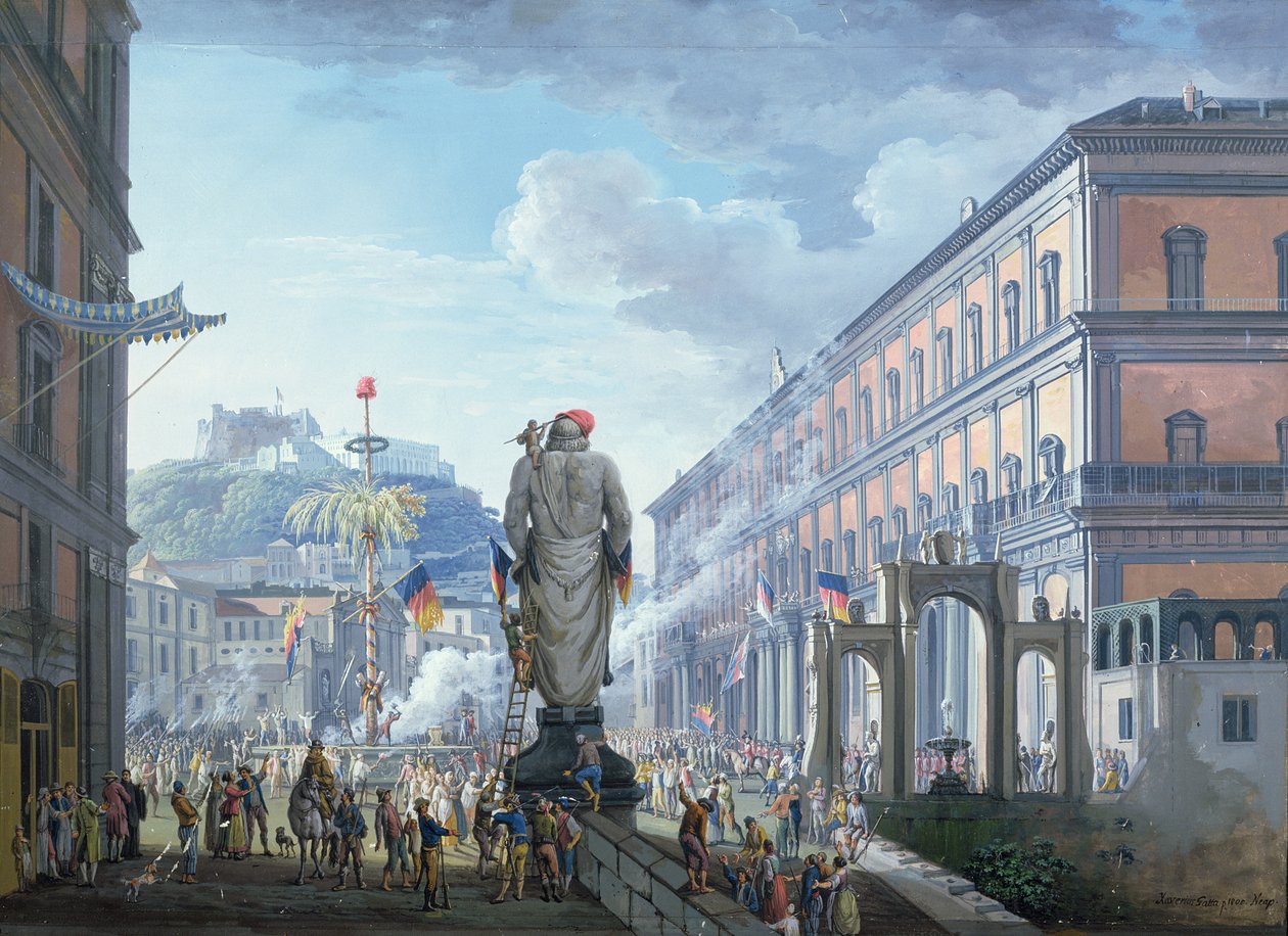 A Palazzo Reale, abban a pillanatban, amikor kivágták a Szabadságfát, és a csapatokat tömegesen az angolok irányították 1799-ben, 1800-ban alkotó: Saviero Xavier della Gatta