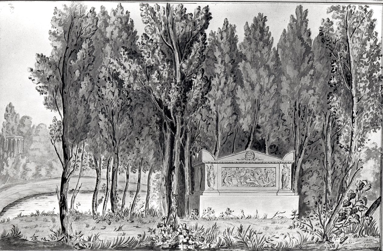 Jean-Jacques Rousseau (1712-78) sírja Ermenonville-ben (rajz) alkotó: Savigny