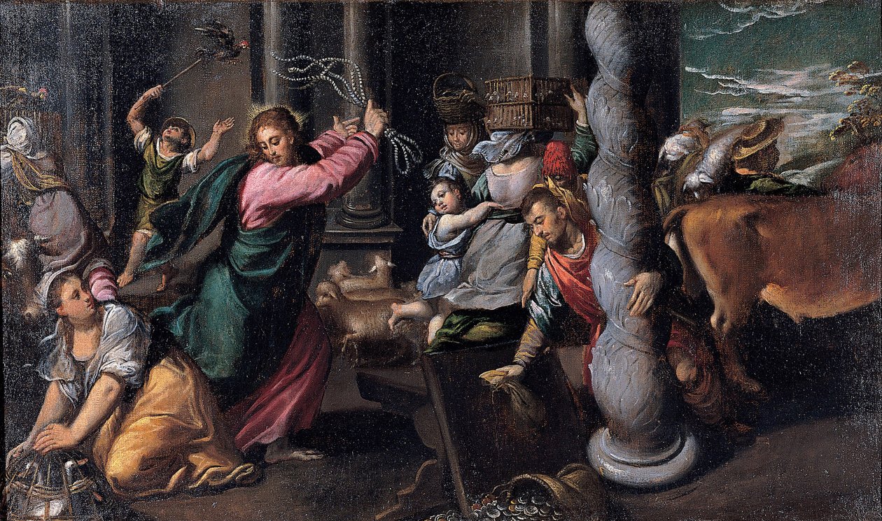 Krisztus kiűzi a pénzkölcsönzőket a templomból, 1580-1585 alkotó: Sigismondo Scarsellino