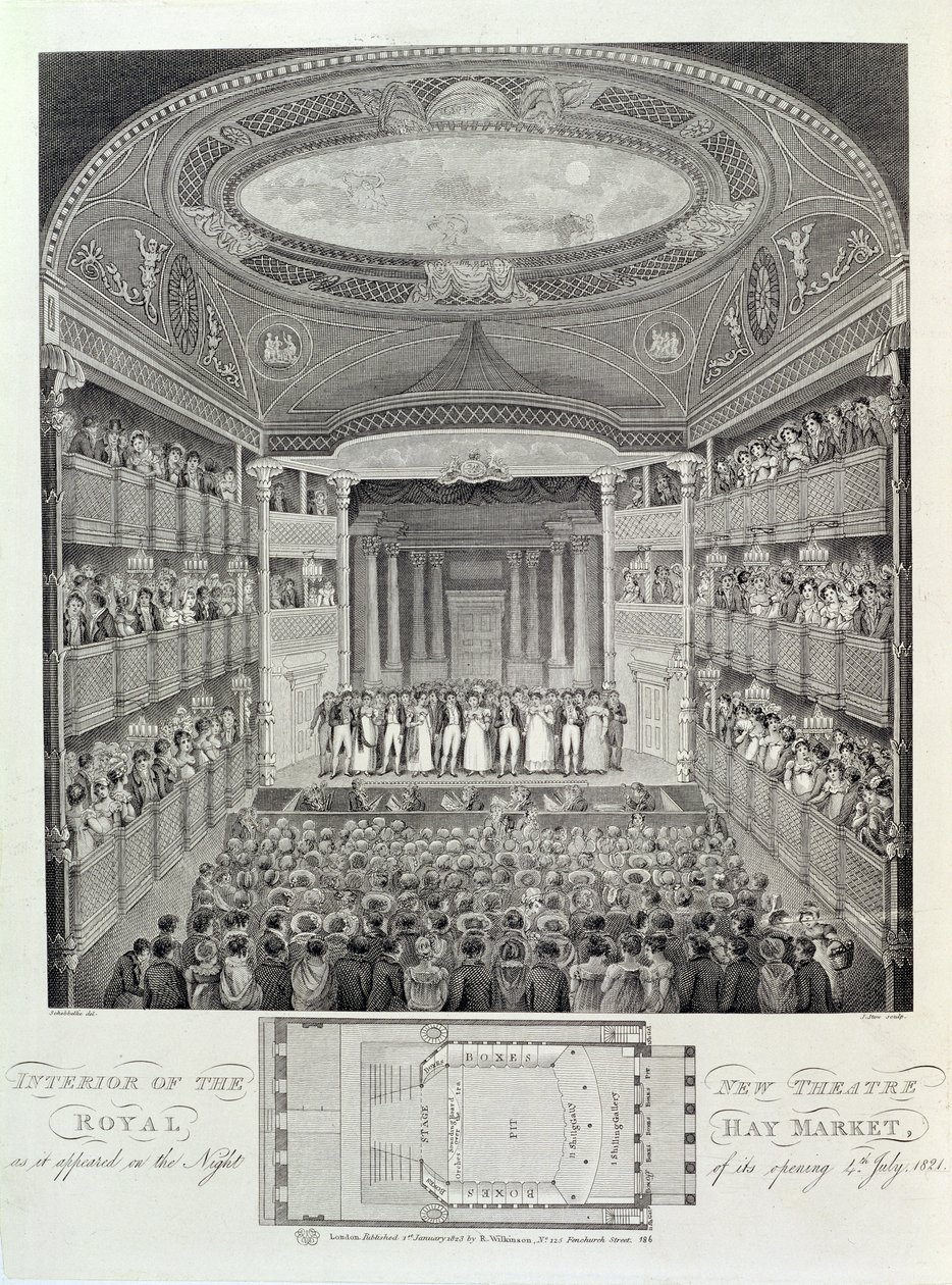 Az Új Királyi Színház belső tere, Haymarket, ahogyan a megnyitó éjszakáján, 1821. július 4-én megjelent, metszet: James Stow (1770 körül - 1823), 1823. alkotó: Schebbellie