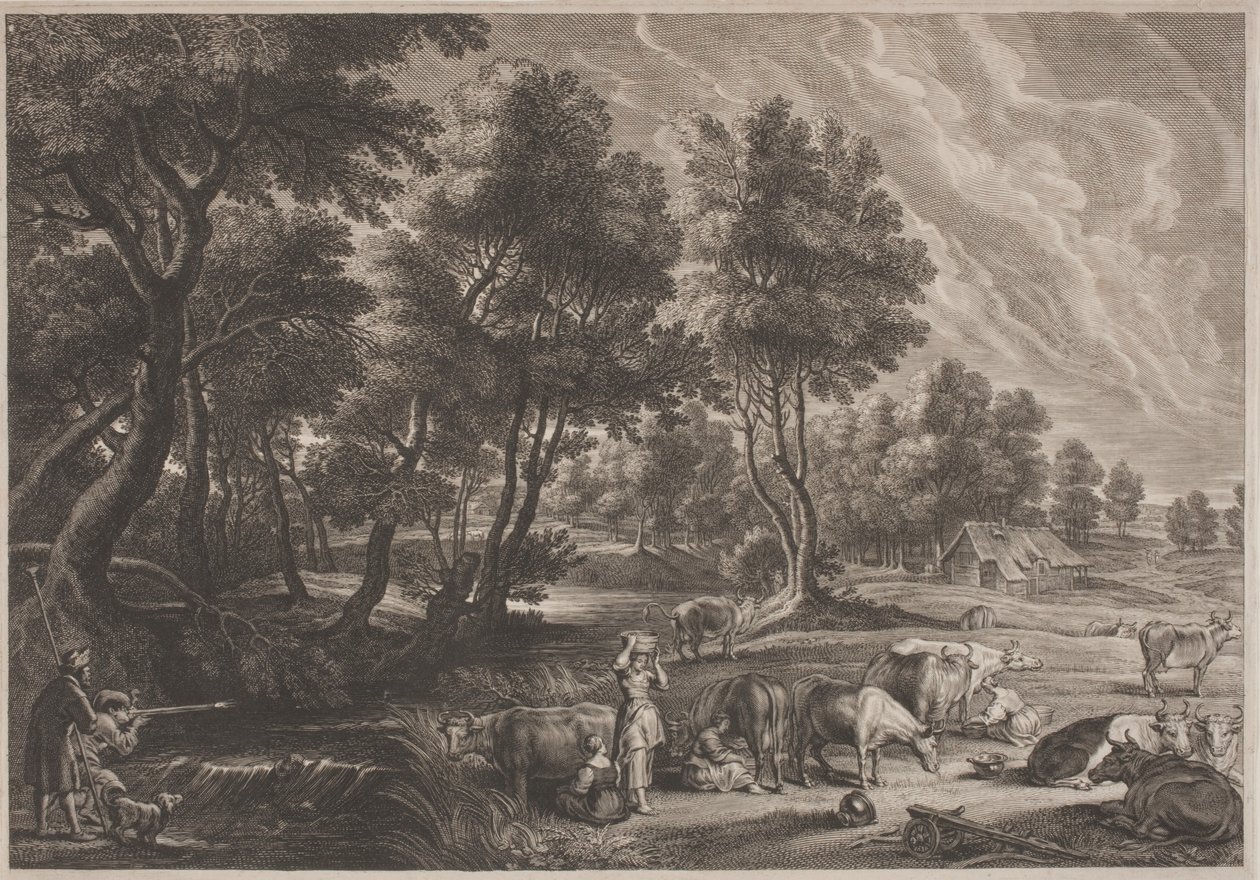 Tanyasi táj vadászokkal és tejeslányokkal alkotó: Schelte Adams Bolswert, after Sir Peter Paul Rubens