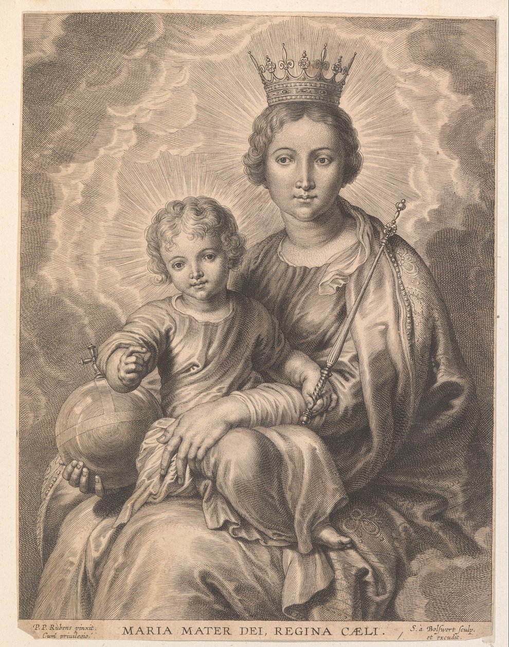 Mária gyermekkel és földgömbbel Maria mater dei, regina caeli (cím a tárgyon) alkotó: Schelte Adamsz. Bolswert