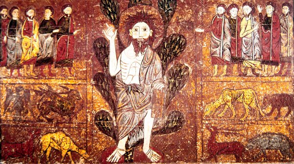 A sivatagban prédikáló, vadon élő állatokkal körülvett Keresztelő Szent János a Geserai Oltárfrontról, XIII. alkotó: School of Aragon