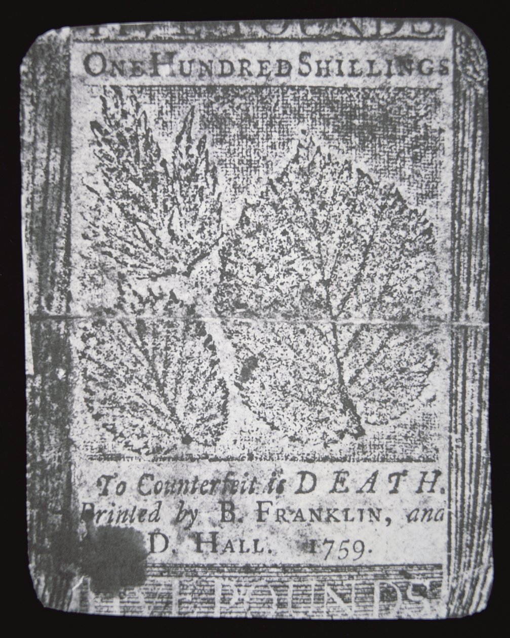 100 shillinges bankjegy, amelyet Benjamin Franklin tervezett és nyomtatott 1759-ben (litho) alkotó: School American