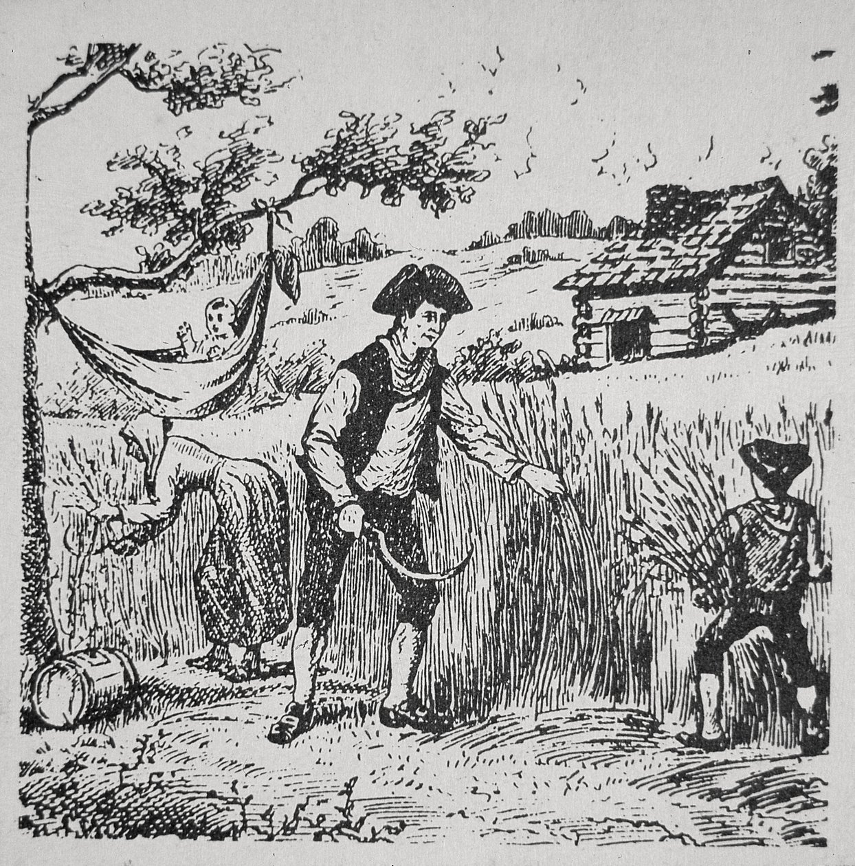 Egy család kukoricát arat (litho) alkotó: School American