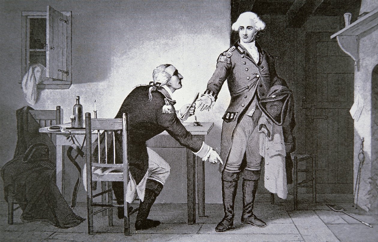 Amerikai áruló: Benedict Arnold tábornok utasítja Andre-t, hogy rejtse el a papírokat a csizmába (litho) alkotó: School American