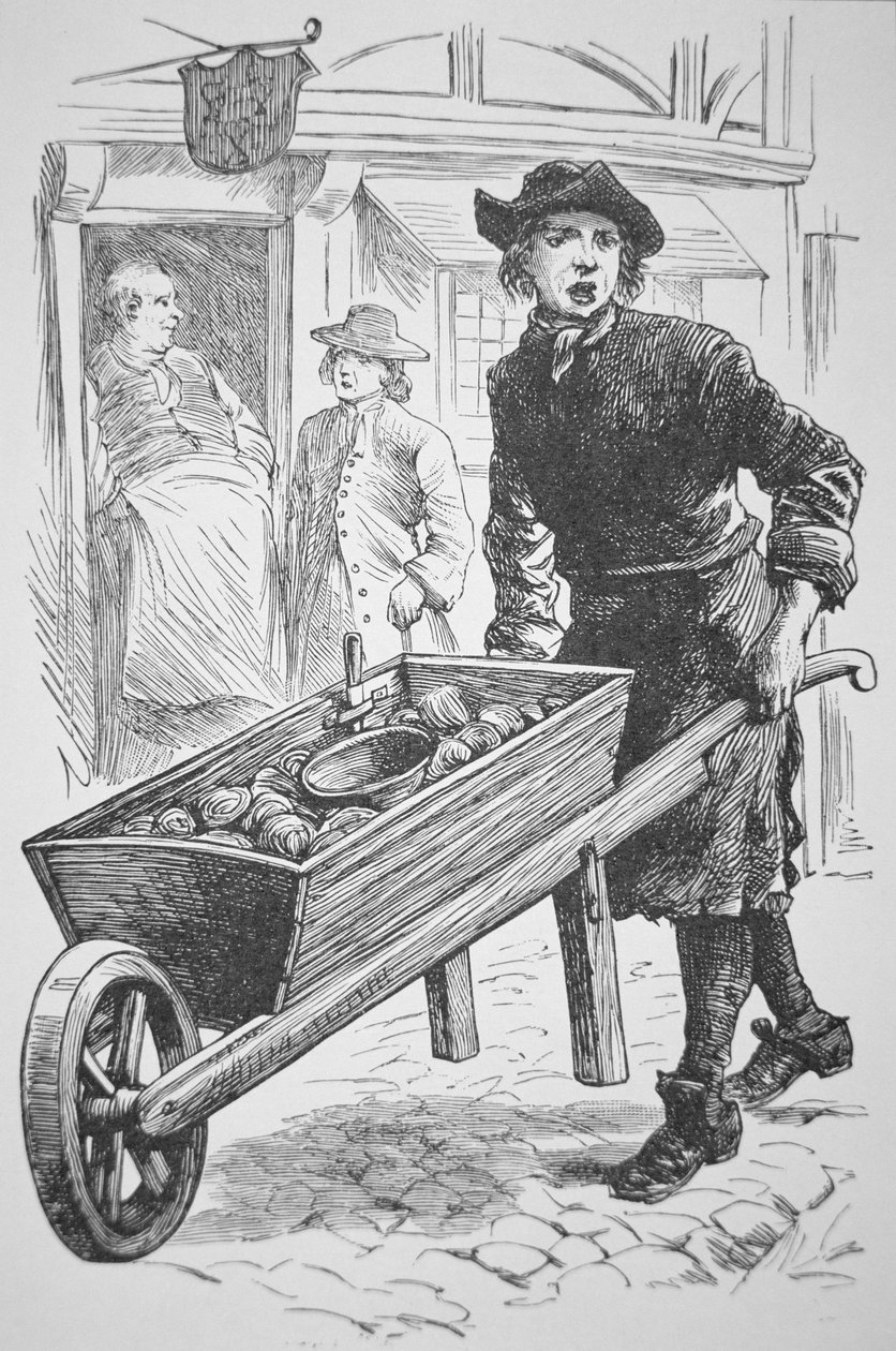 Egy osztriga férfi New Englandben árulja áruit a 17. században (litho) alkotó: School American