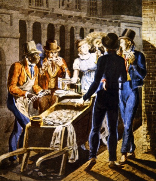 Egy osztriga, aki áruit árulja a philadelphiai Chestnut Street Theater előtt, 1796 körül (akvarell papíron) alkotó: School American
