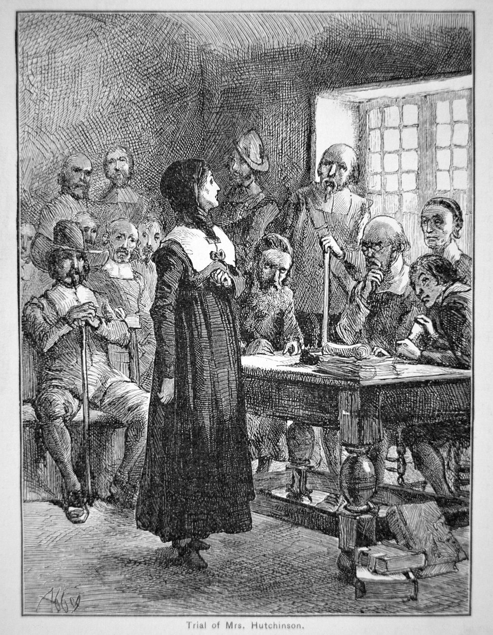 Anne Hutchinson bíróság elé áll a puritán papság megsértése miatt Massachusettsben (litho) alkotó: School American