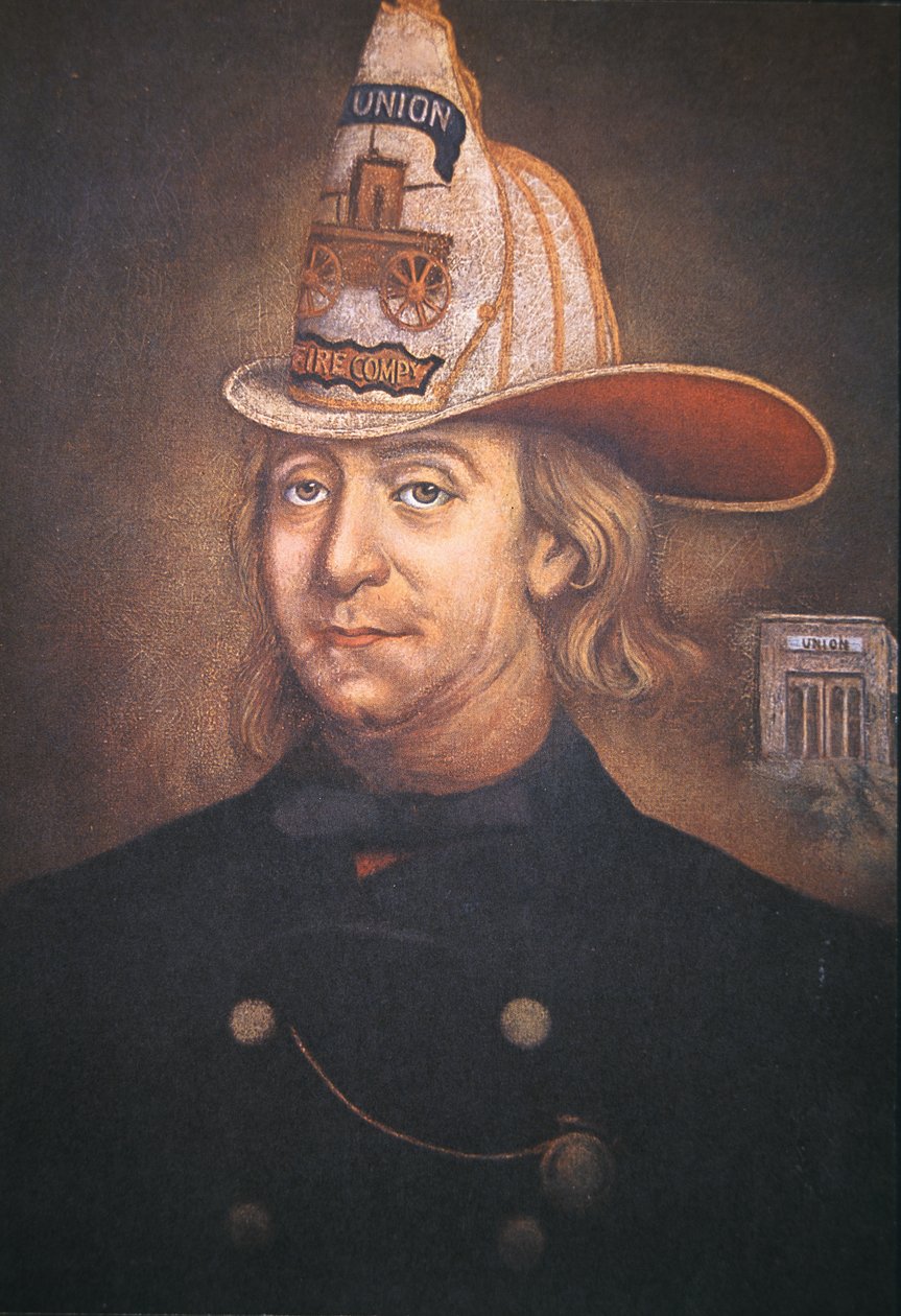 Benjamin Franklin az általa 1736-ban Philadelphiában alapított Union Fire Company egyenruháját viselve (színes litó) alkotó: School American