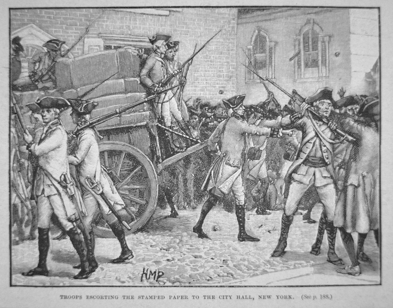 Brit csapatok kísérik a lepecsételt papírt a New York-i Városházához (litho) alkotó: School American