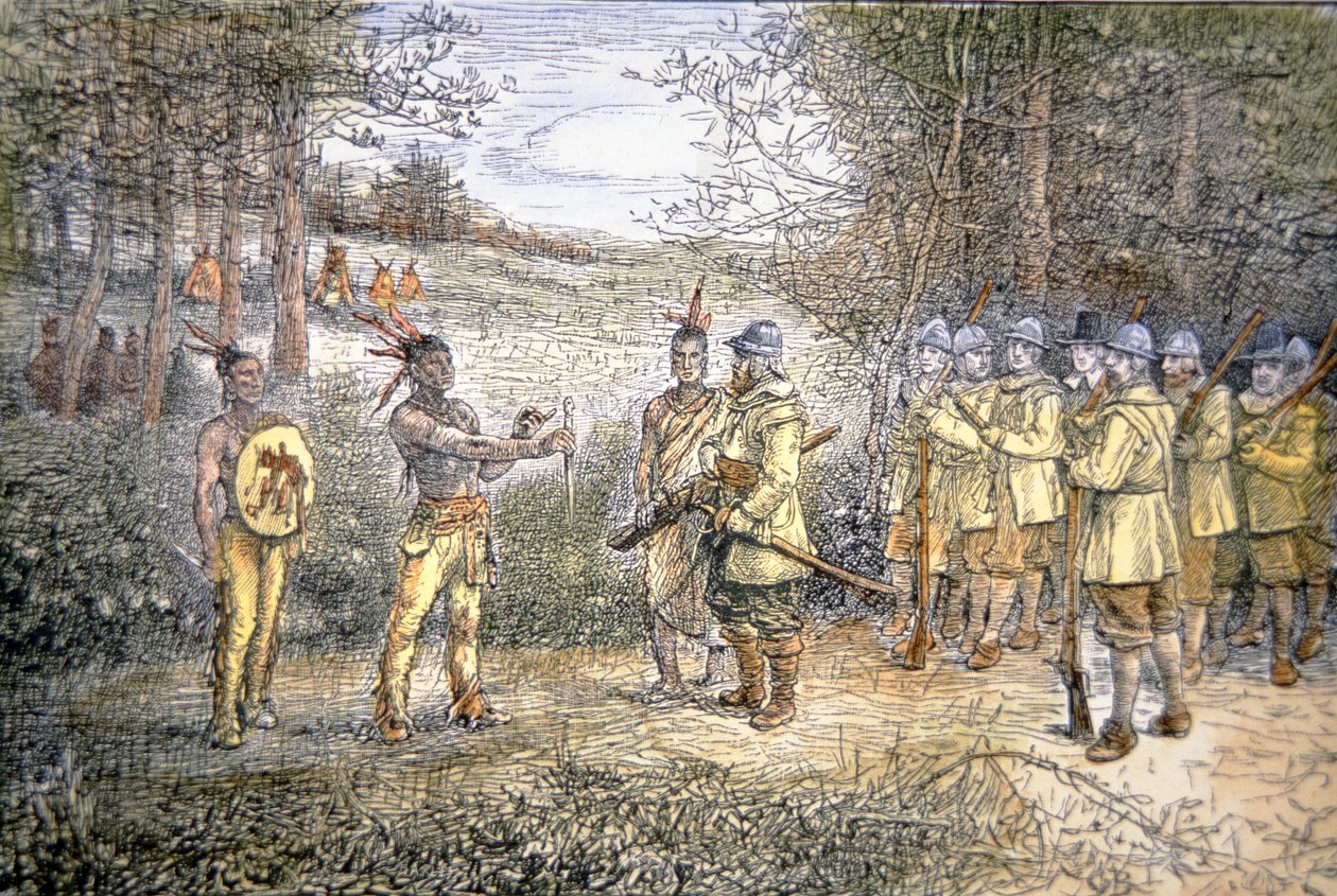 Miles Standish kapitány Wampanoag indiánokkal kereskedik 1621-ben (színes litho) alkotó: School American