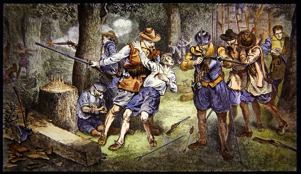 A csecsemőtelep védelme az indiánok támadásával szemben a virginiai Jamestown gyarmatán 1607-ben (színes litó) alkotó: School American