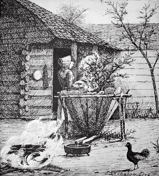 Mezőgazdasági jelenet - egy nő a mosókádnál, J. S. Hodgson illusztrációja után (litográfia) alkotó: School American