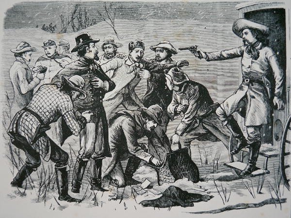 Négy bandita legyőz és kifosztott két tisztet és hét katonát Bismarck közelében, Dakota Területen, a New York Illustrated Timestól alkotó: School American