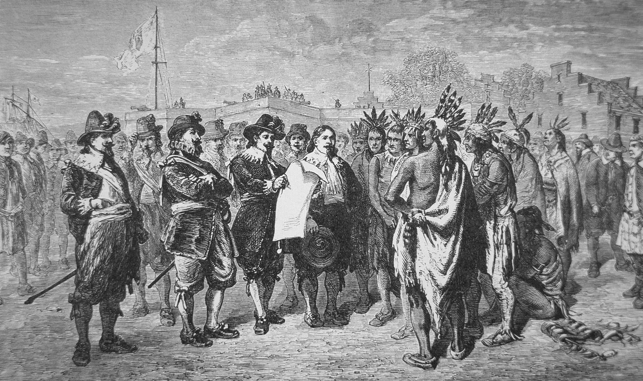 Kieft kormányzó 1646-ban békét köt az indiánokkal (litho) alkotó: School American