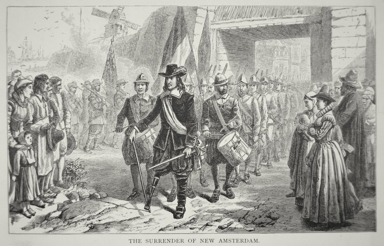 Peter Stuyvesant kormányzó 1664-ben átadja a briteknek Új-Amszterdamot (litho) alkotó: School American