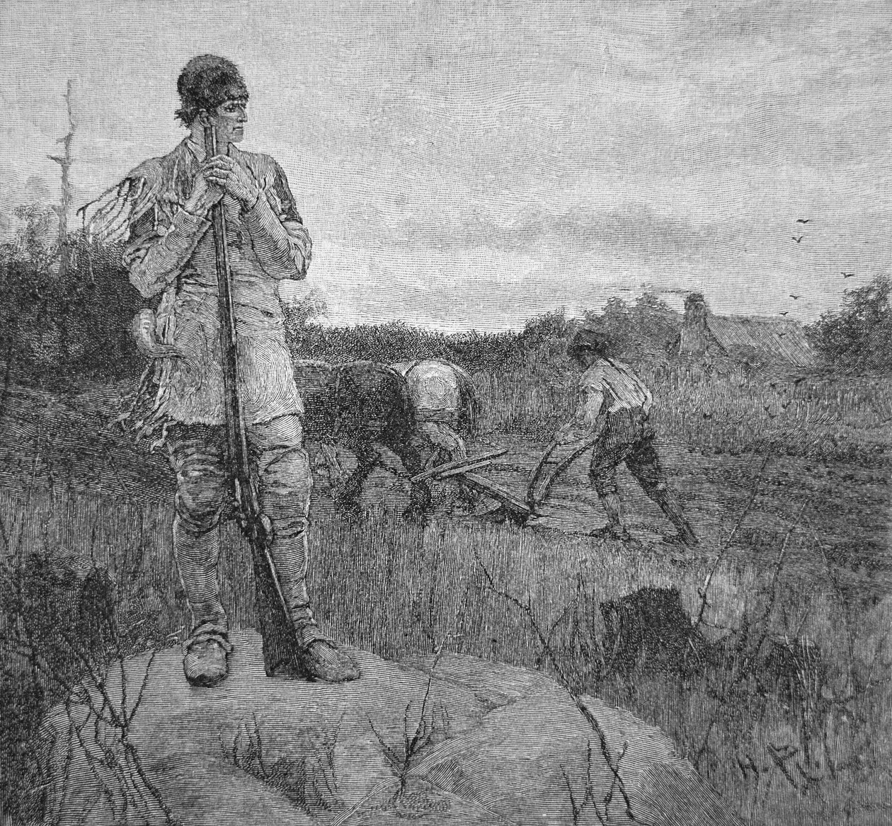 Egy farm őrzése egy indián támadás ellen Howard Pyle (litho) illusztrációja alapján alkotó: School American
