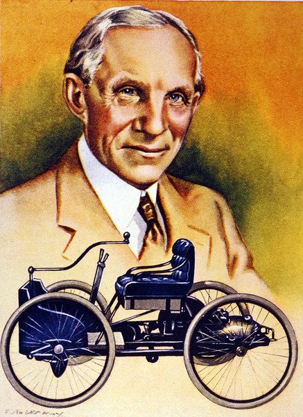Henry Ford és az 1896-os első autója (színes litográfia) alkotó: School American