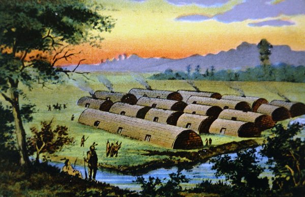 Manhattan Island, New York City, mielőtt a hollandok itt telepedtek le, a Wapinger konföderáció indiai faluját ábrázolva (színes litho) alkotó: School American