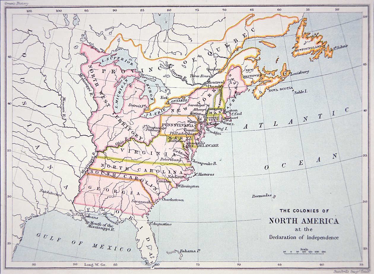 Észak-Amerika gyarmatainak térképe a Függetlenségi Nyilatkozat idején (színes metszet) alkotó: School American