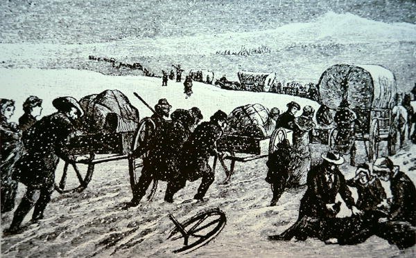 Mormon szekérvonat a hóviharban a Utah állambeli Salt Lake City felé tart (metszet) alkotó: School American