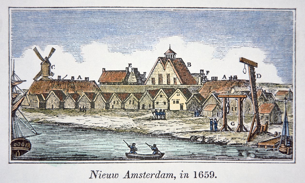 Új Amszterdam (később New York) a Manhattan-szigeten, az 1659-ben megjelent nézetből (színes litho) alkotó: School American