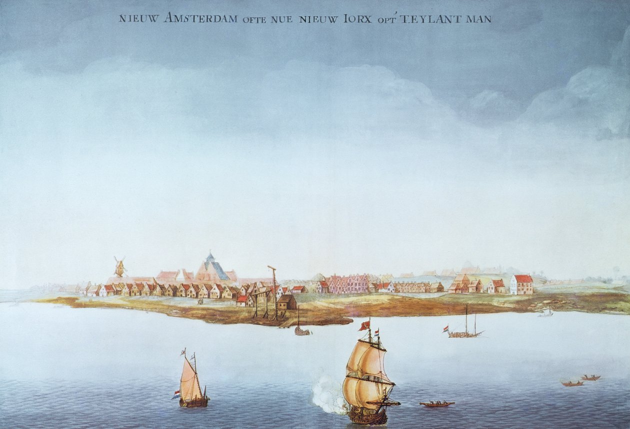Új Amszterdam a Manhattan-szigeten 1650-ben (színes litho) alkotó: School American