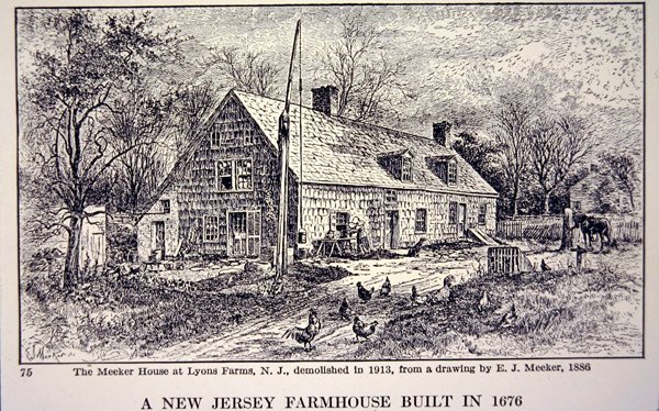 New Jersey-i parasztház 1676-ban épült, E. J. Meeker (litho) 1886-os rajza alapján alkotó: School American