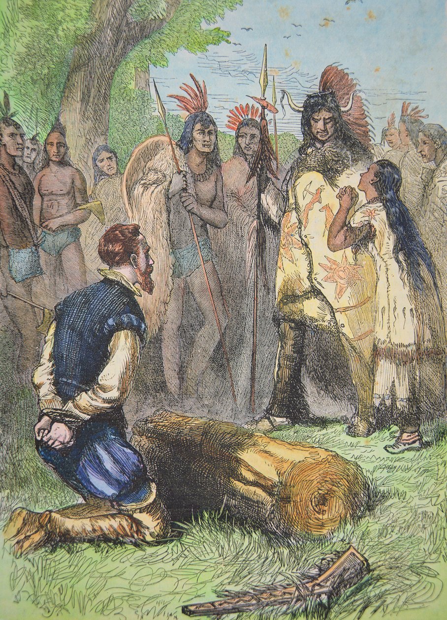 Pocahontas megmenti John Smith életét (színes metszet) alkotó: School American
