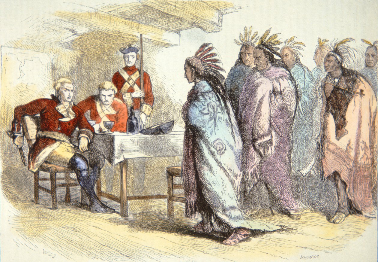 Pontiac meglátogatja Gladwin őrnagyot Fort Detroitban 1763-ban (színes litó) alkotó: School American