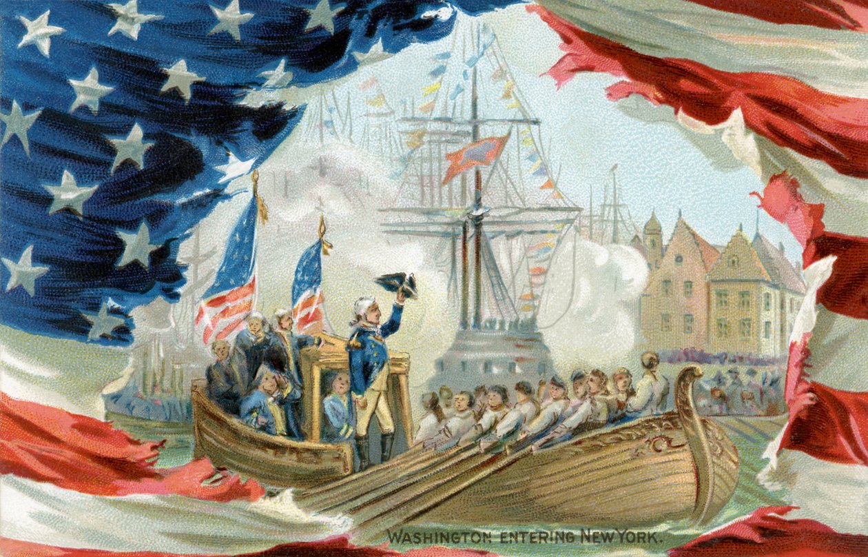 Képeslap, amely George Washingtont ábrázolja, amint belép New Yorkba (nyomtatás) alkotó: School American