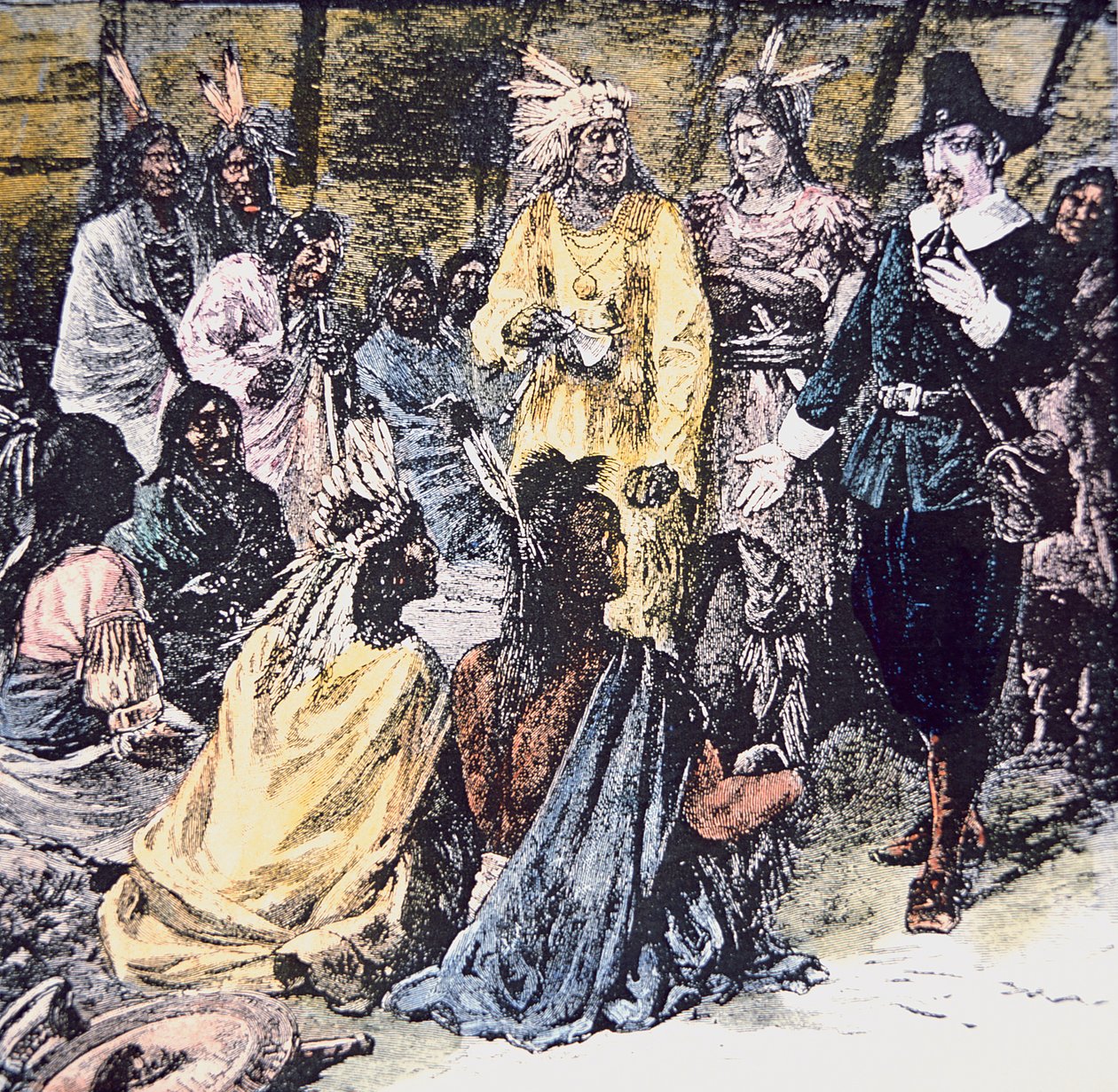 Roger Williams megvásárolja a szükséges földet a Narragansett indiánoktól (színes litho) alkotó: School American