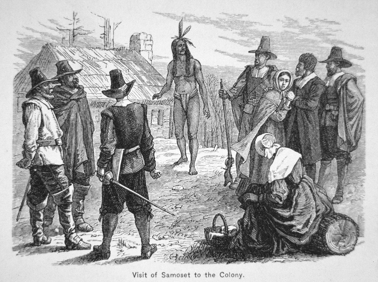 Samoset, a Pemaquids főnöke meglátogatja a zarándokatyákat 1621-ben (litho) alkotó: School American