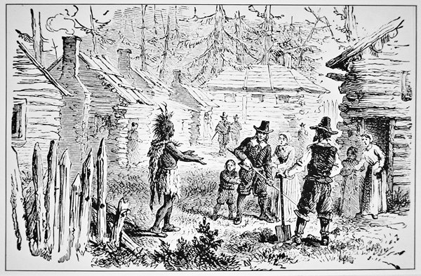 Samoset, a Pemaquids főnöke 1621-ben meglátogatja a zarándokatyákat (litho) alkotó: School American