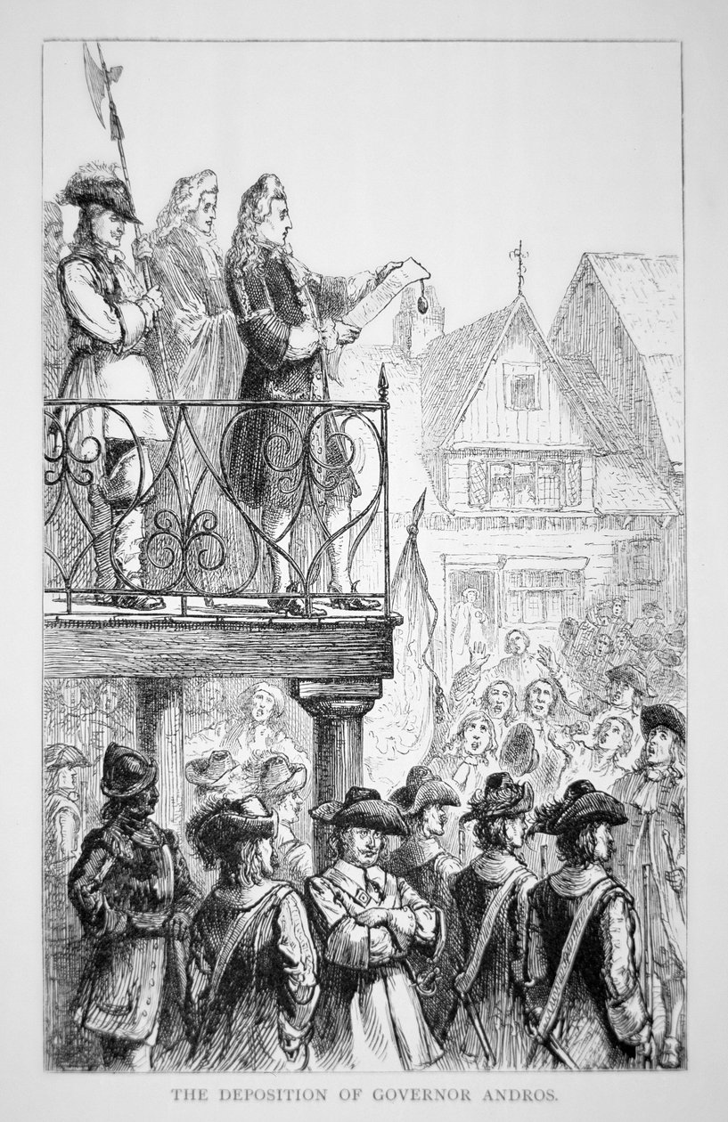 Sir Edmund Andros 1686-ban kikiáltja Új-Anglia uralmát saját kormányzóként (litho) alkotó: School American
