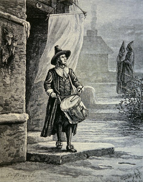 A puritán templom harangja dobos volt (litho) alkotó: School American