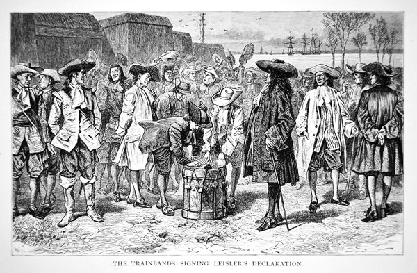 Leisler 1689-es nyilatkozatát aláíró vasúti sávok (metszet) alkotó: School American