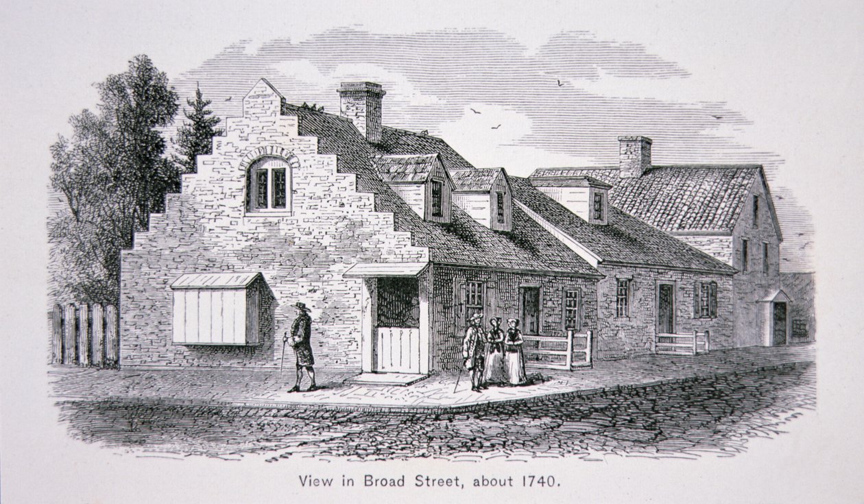 Kilátás a Broad Streetre, New York City, 1740 körül (litho) alkotó: School American