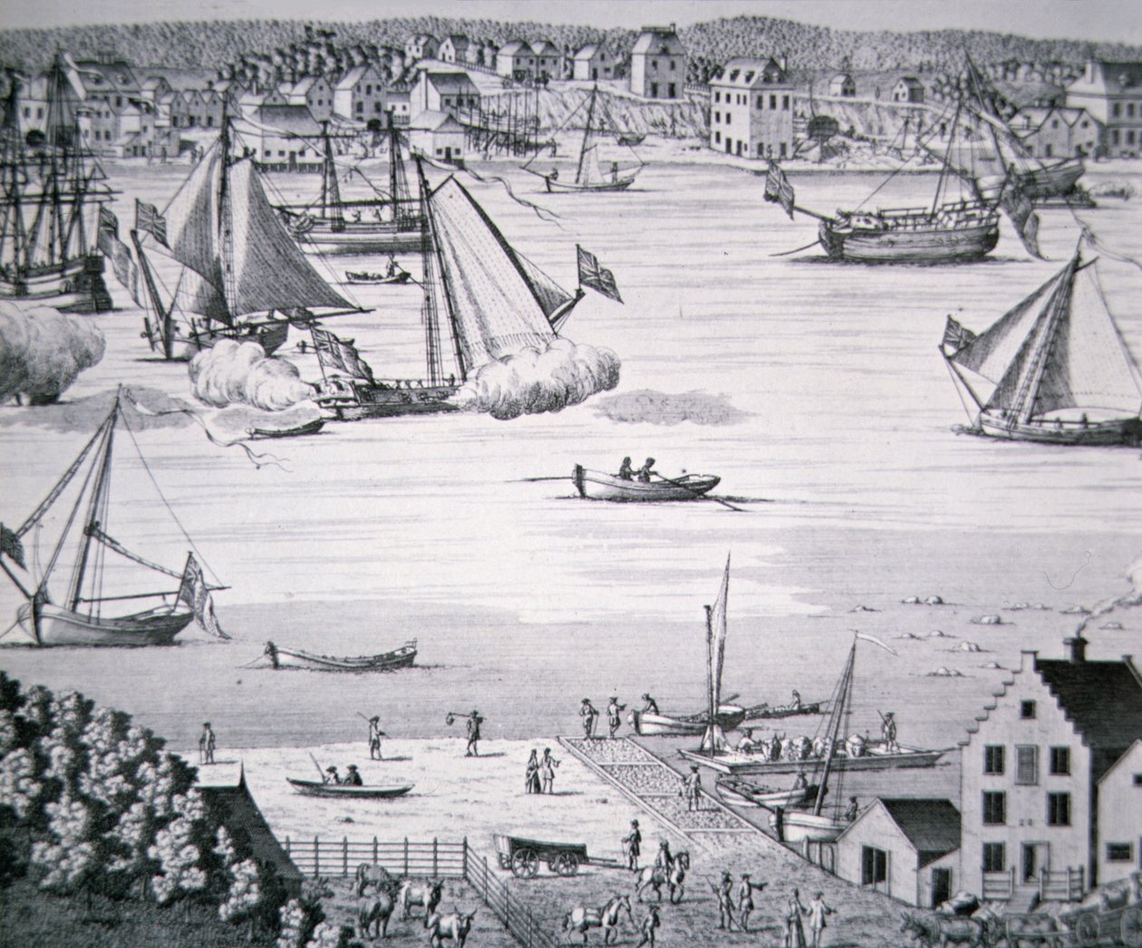 Kilátás az East Riverre, New York 1750 körül egy hajóépítő központtal (litho) alkotó: School American