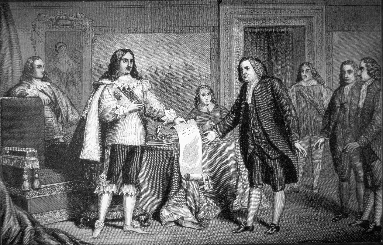 William Penn 1681-ben megkapja a Pennsylvaniai Chartát Anglia II. Károlytól (litho) alkotó: School American