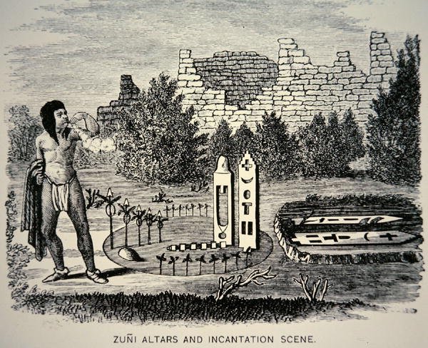 Zuni törzsi ember virágport fúj egy pueblo szentély fölé (metszet) alkotó: School American