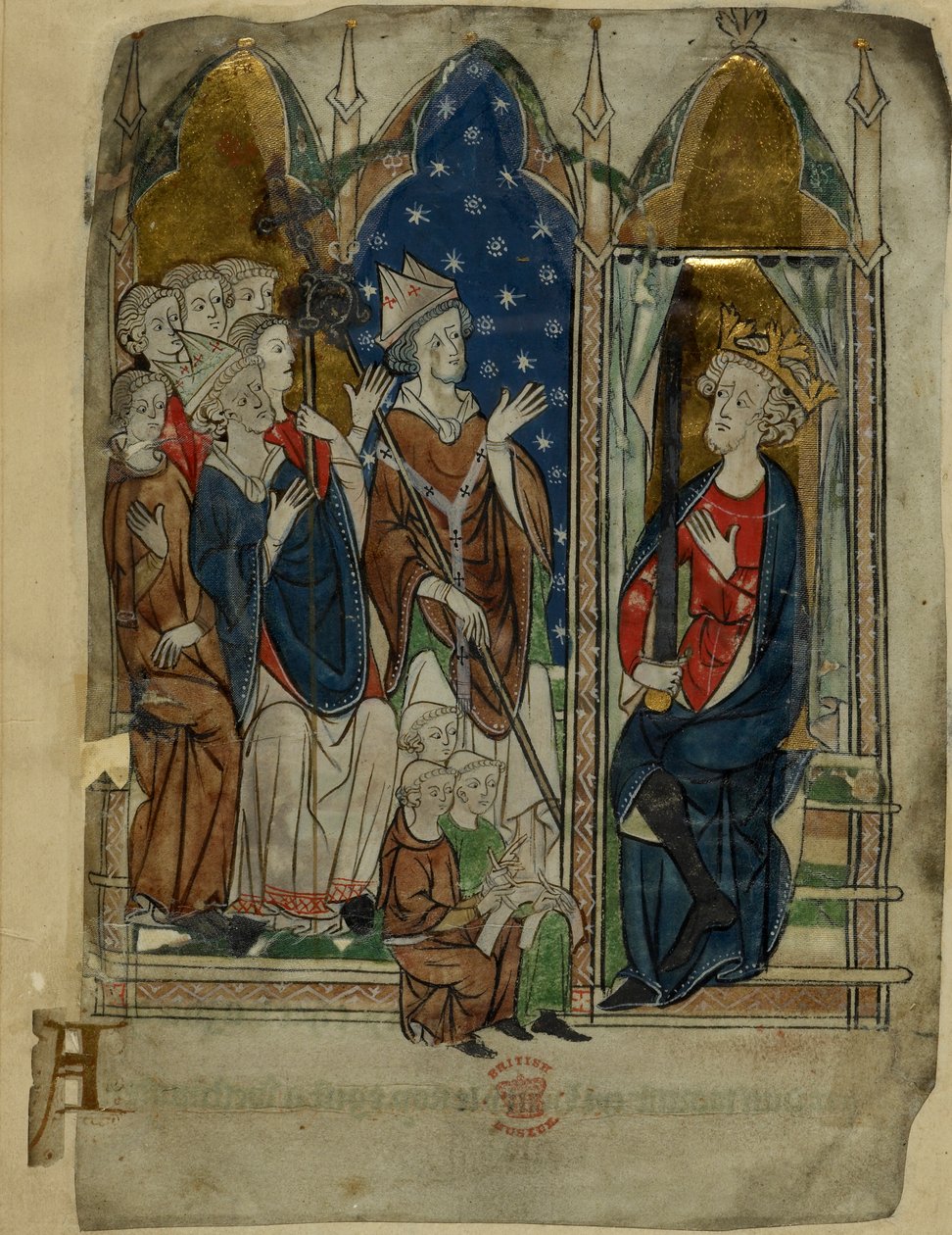Cotton Vitellius A. XIII f.6v I. Edward király udvarával és hivatalnokaival ülve, a „Miscellaneous Chronicles”-ból, 1280-1300 körül (tinta, szín és arany pergamen) alkotó: School Anglo French