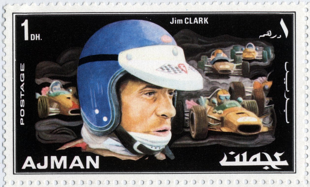 Arab Emírségek bélyegzője, amely Jim Clark skót autóvezetőt (1936-1968) ábrázolja alkotó: School Arabic