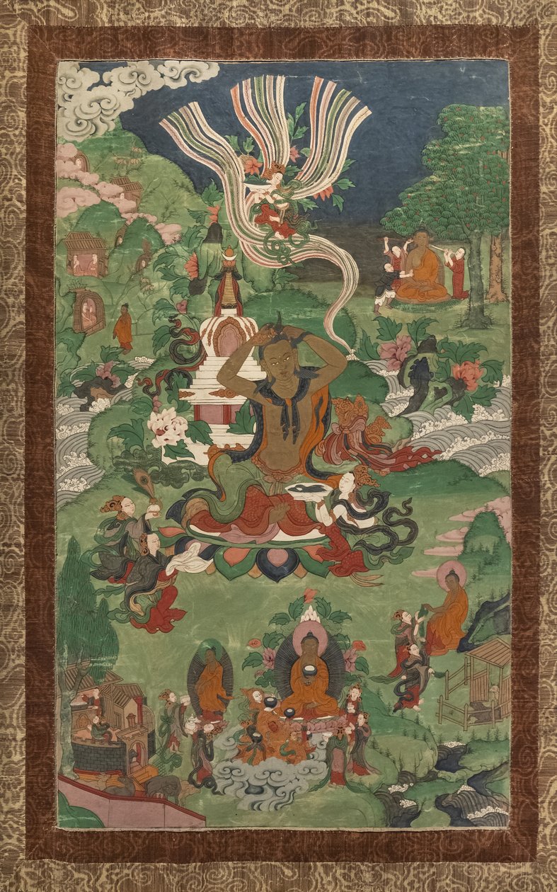 Hajvágás és egyéb jelenetek. Thangka a Buddha életének főbb epizódjainak szentelt folytatásból. alkotó: School Asian