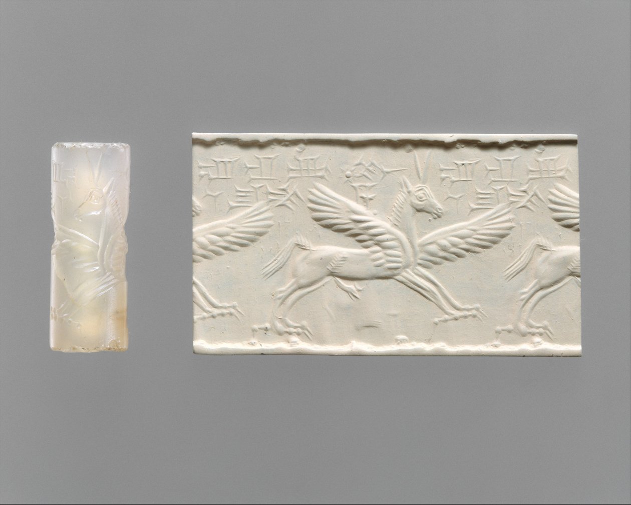 Hengerpecsét és modern benyomás: szárnyas ló karmokkal és szarvakkal, Kr.e. 14–13. század (kalcedon) alkotó: School Assyrian