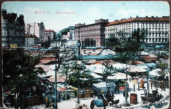 A bécsi Naschmarkt (élelmiszerpiacot) ábrázoló képeslap, 1915 körül (színes litó) alkotó: School Austrian