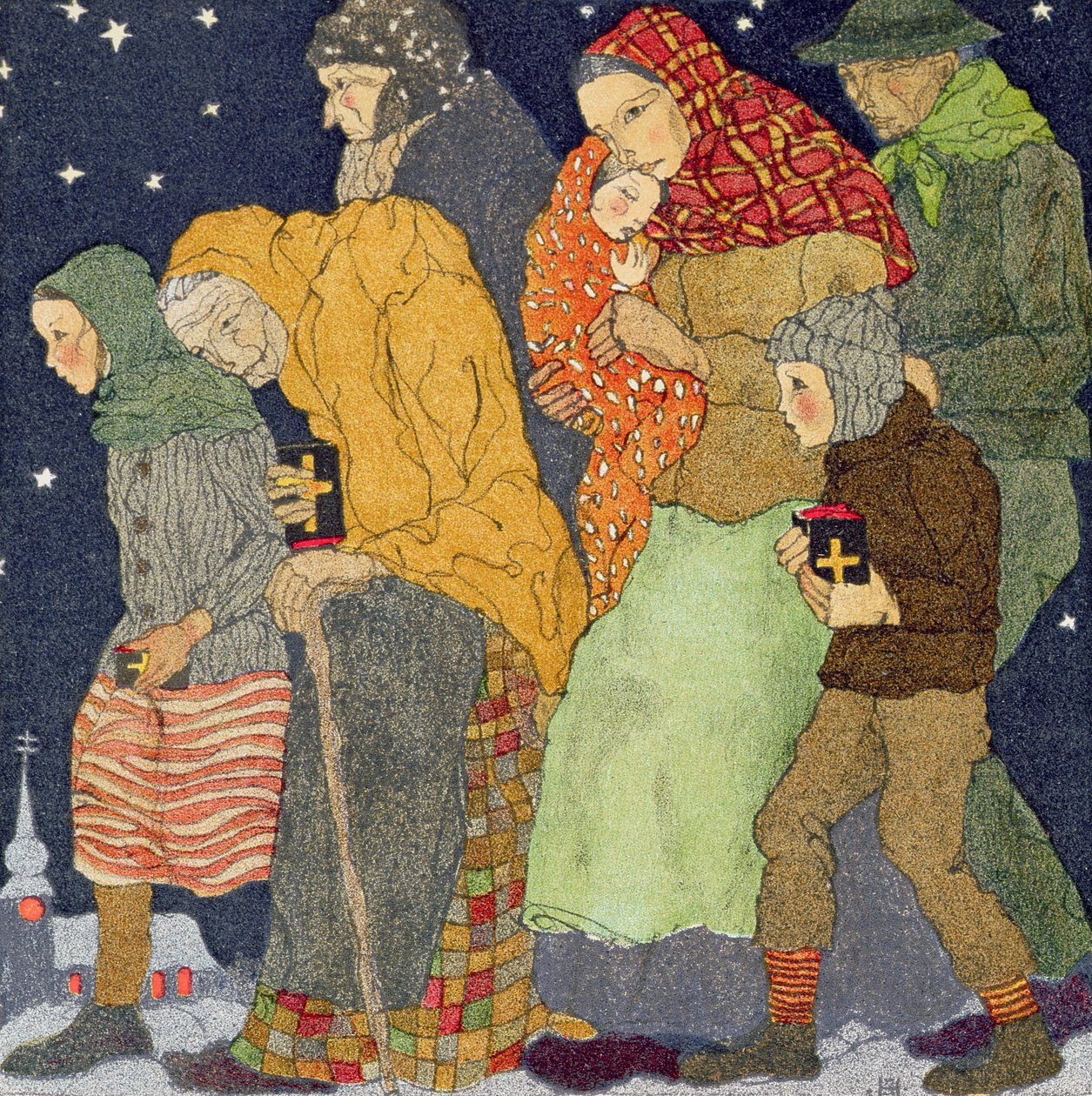 Séta a templomba, szenteste, 1910 körül, a J.M. Dent  Sons által kiadott "Christmas"-ből. alkotó: School Austrian